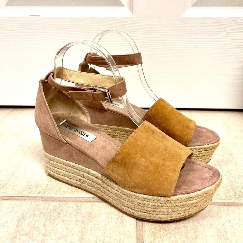 Steve Madden Apollo Suede Leather Espadrille Platform Sandals Gold Tan Boho 9M